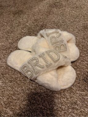 Bride Ivory Fuzzy Slippers with Crystal Accent